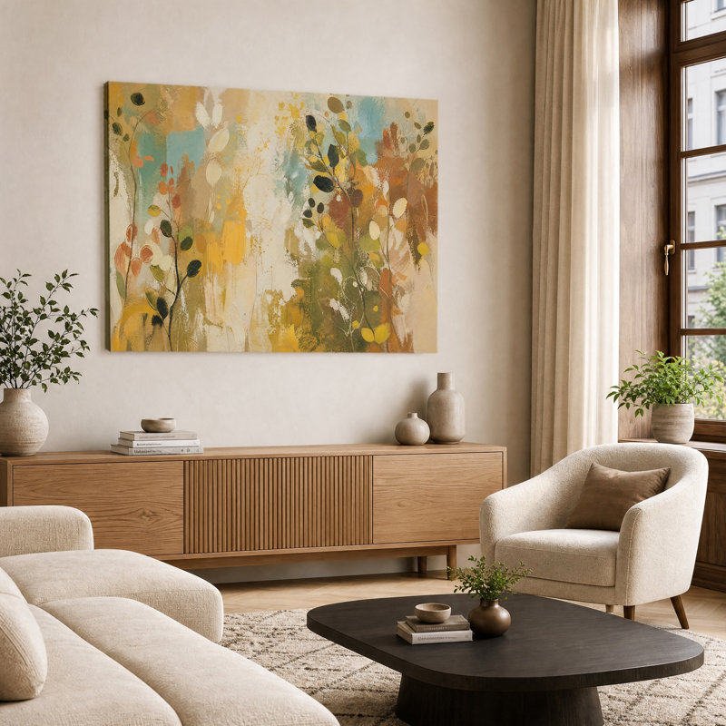 "Neutre chaud jaune sarcelle abstrait", 28 po x 40 po