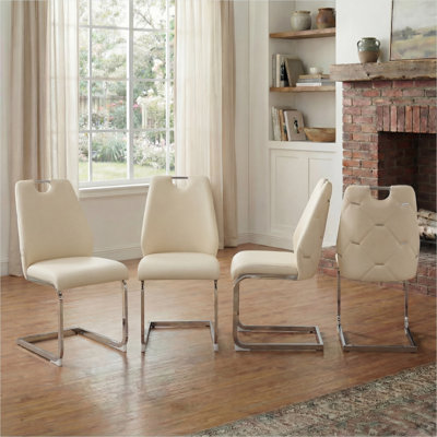 Crisp white faux leather side chairs set of 4 for modern dining rooms with gold mesh texture and chrome handle