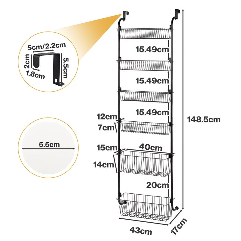 6 Tier Over Door Pantry Organiser, Black Metal Hanging Basket Rack, Anti-Swing Storage Unit for Cupboard & Laundry Room