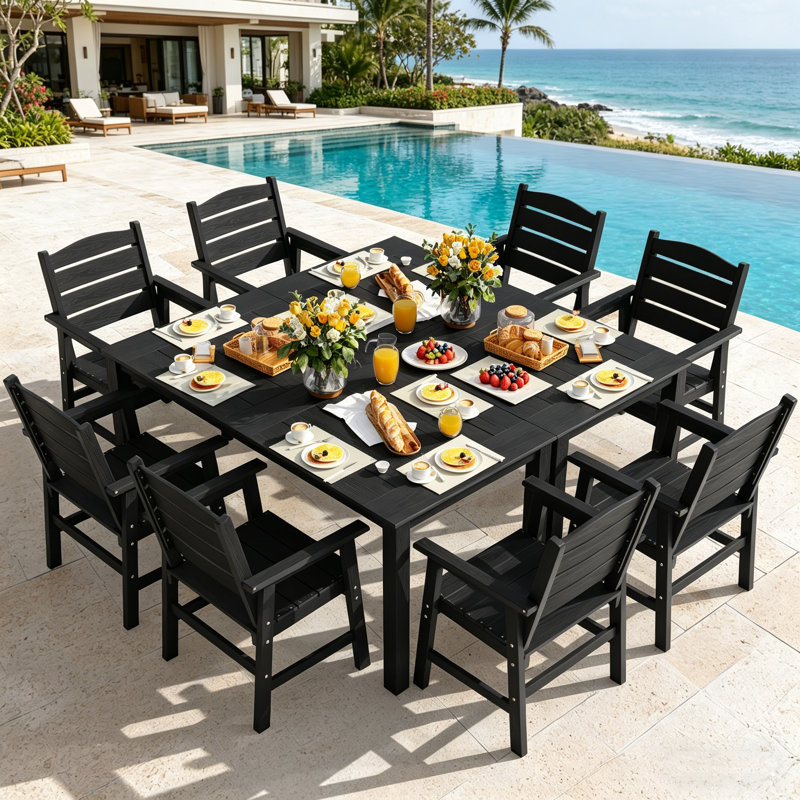 Ensemble de salle à manger d'extérieur toutes saisons 10 pièces Ensemble de salle à manger d'extérieur avec trou pour parasol et structure en aluminium Ensemble de salle à manger d'extérieur moderne pour 8 personnes pour cour arrière / porche / terrasse, 2 tables, 8 chaises
