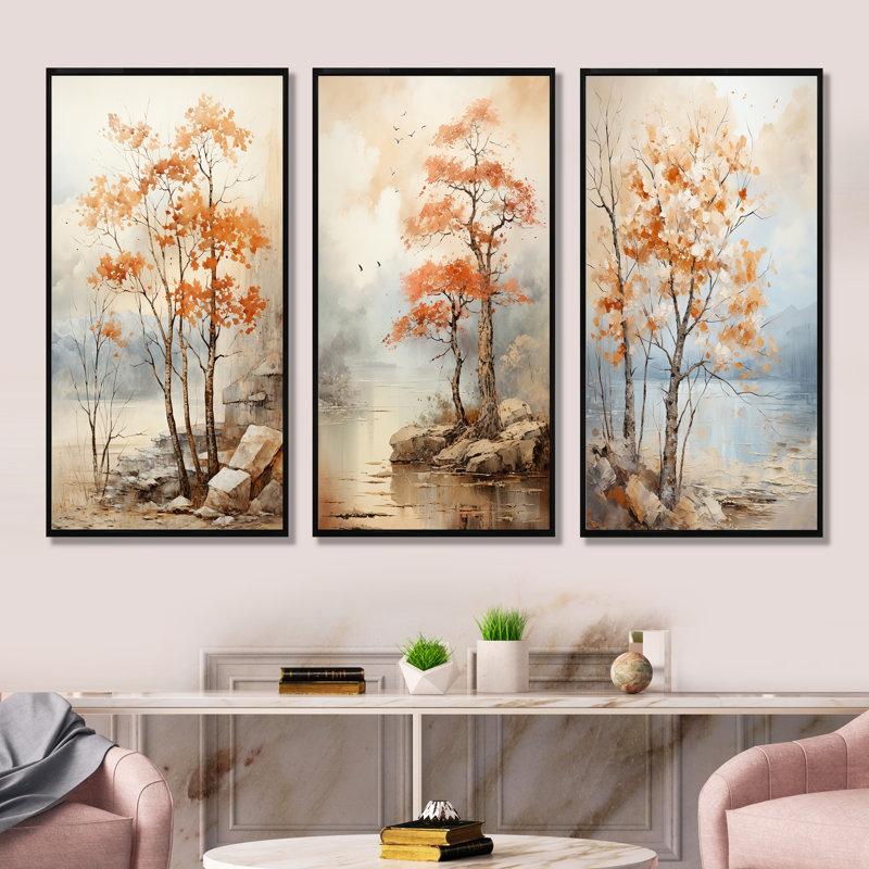 «Beige Tones Maple Tree», ensemble d'art mural sur toile 3 pièces, H 28 po x l 36 po, Cadre flottant noir