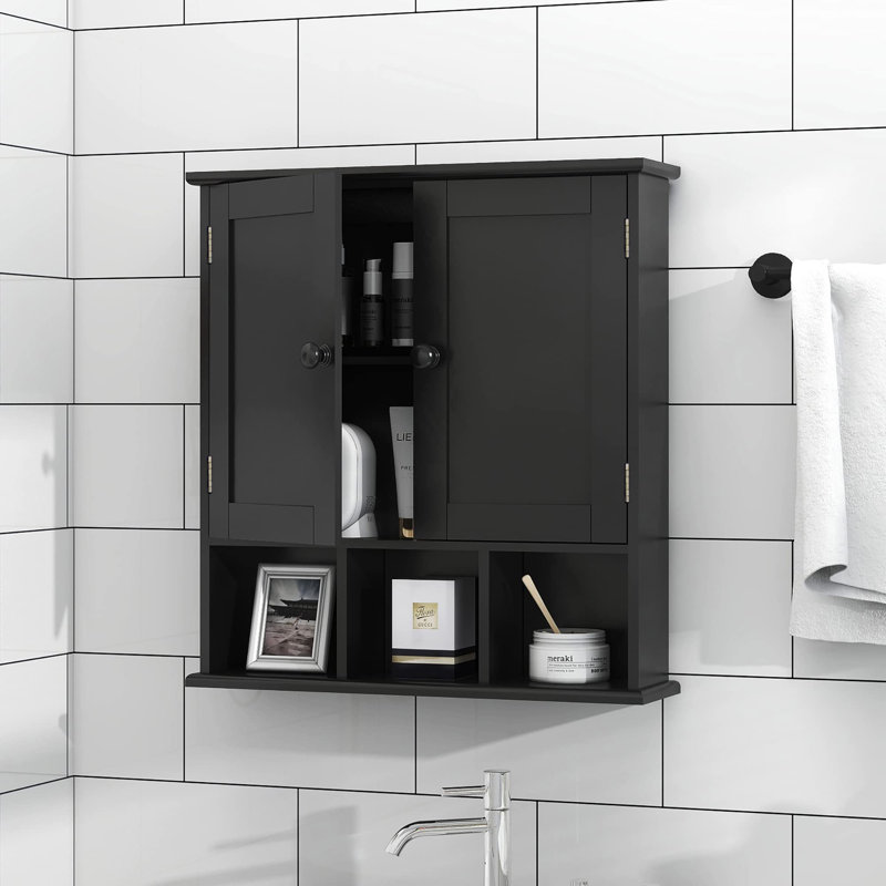 Minimalist style bathroom wall cabinet with 2 doors and adjustable shelves, Black