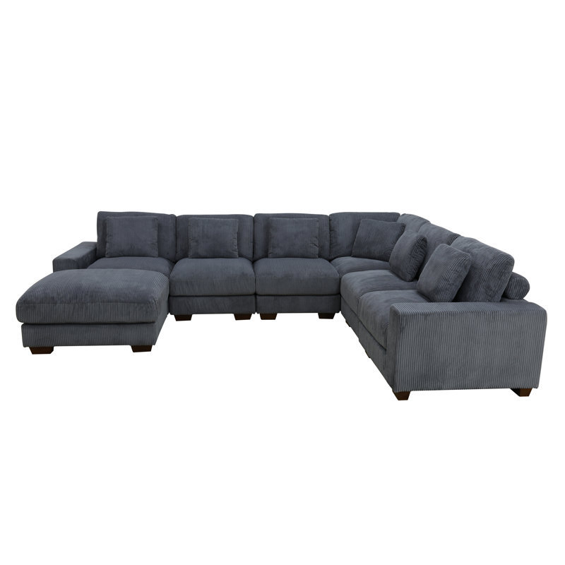 Arial 123" 7-Piece Premium Corduroy Reversible Living Room Modular Sectional Sofa with Ottoman, Dark Gray Corduroy