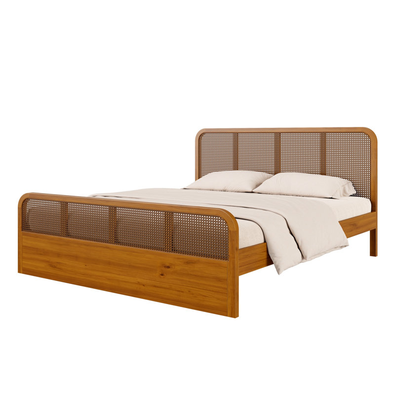 Modern Rattan Platform Bed Frame with Cane Headboard & Footboard, Solid Wood Bed with Natural Woven Panels, Mid-Century Modern Bed Frame for Bedroom