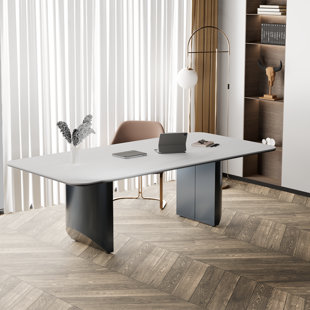 70.9 In Modern White Sintered Stone Tabletop Rectangle Dining Table With Stainless Steel Double Pedestal Base