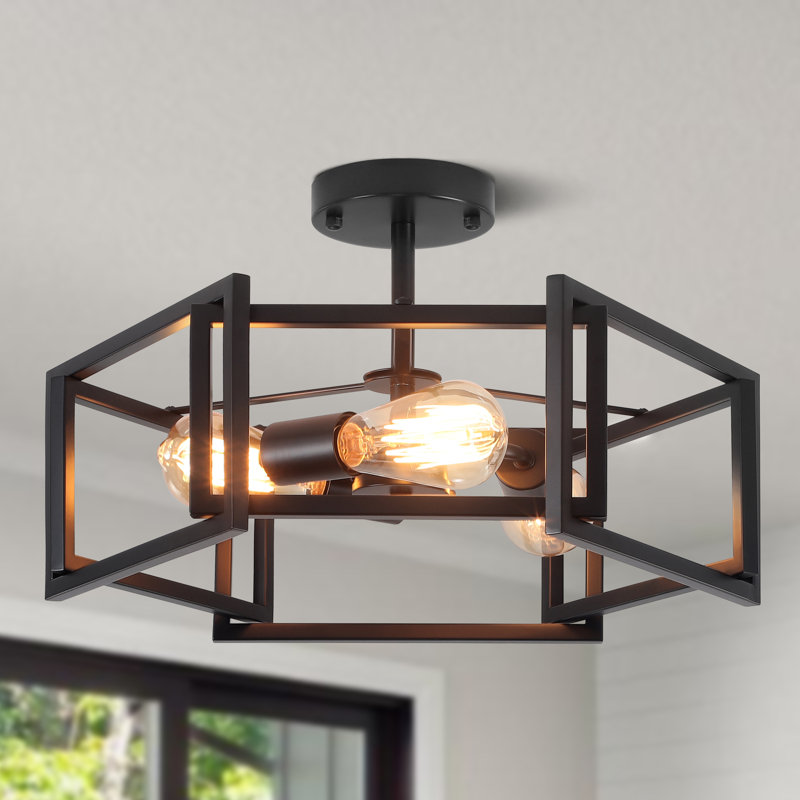 Lepe 3-Light Dimmable Large Geometric Semi Flush Mount Ceiling Light Fixture, Matte Black