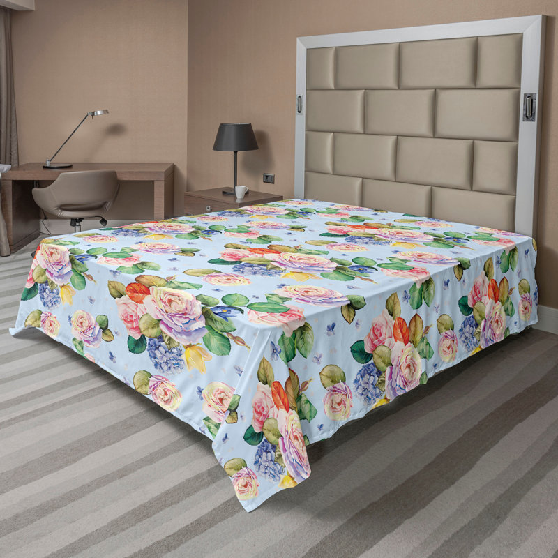 Drap plat Ambesonne, Drap plat pour très grand lit californien, Motif floral bleu