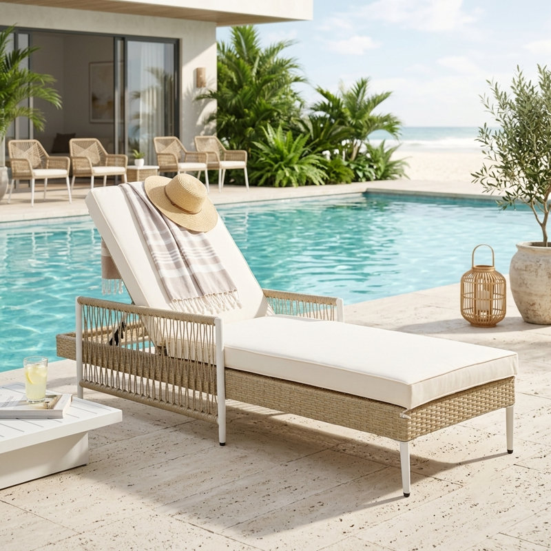 Chaise longue d'extérieur en rotin de 77,5 po avec dossier réglable à 6 positions et coussin épais