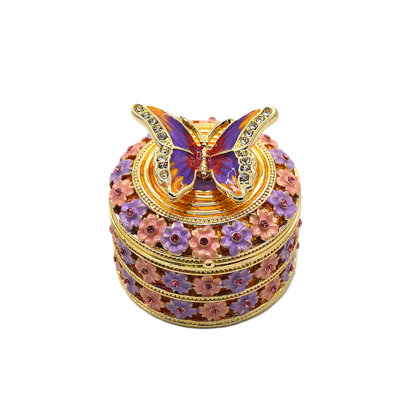 Jeweled Butterfly On Round Trinket Box Pink with Colorful Enamel