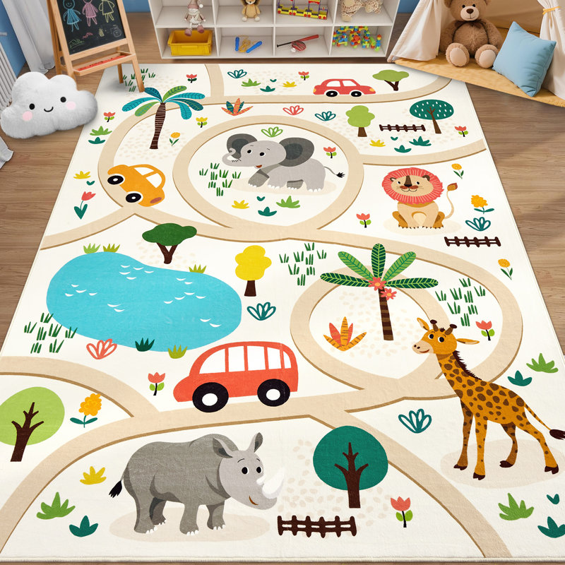 Machine Washable Kids Play Mat Cute Animals Rugs with Rubber Backing Educational Low Pile Floor Carpet for Children Nursery Playroom Toddler Room