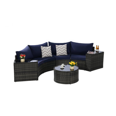 Outdoor Patio Furniture 7-Piece Half-Moon Sectional Round Patio Furniture Set Sofa with Tempered Glass Round Coffee Table