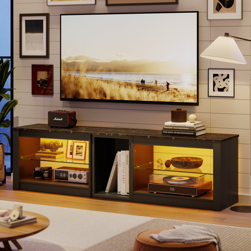 Brahma 63" TV Stand, PS5 Gaming Console, LED Entertainment Center with Glass Shelves, Marbre noir