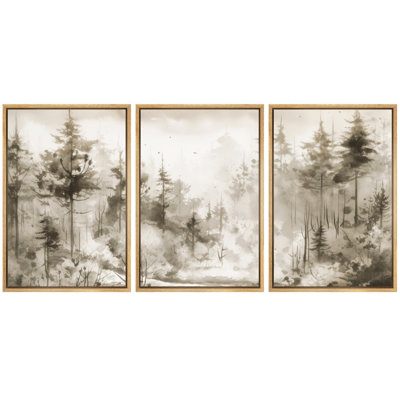 «Misty Forest Landscape in Soft Neutral Tones», reproduction d'art sur toile encadrée