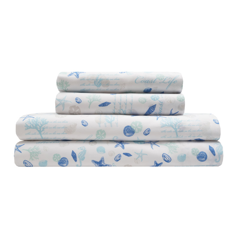 Hampton Blue Coastal Print King Microfiber Sheet Set