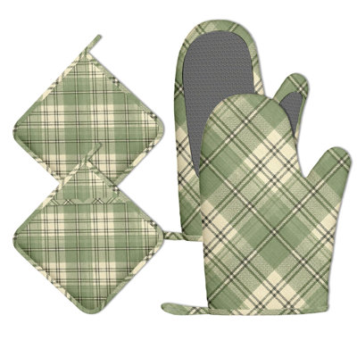 Ensemble de 4 mitaines de four et porte-casseroles écossais verts, coussinets chauffants antidérapants et résistants à la chaleur pour cuisinier