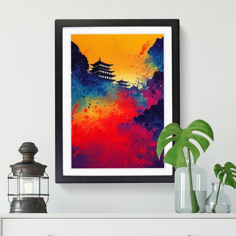 Lionius Japanese Sunset Paint Splatter - Picture Frame Print, Black, 46cm H x 2cm W x 3cm D