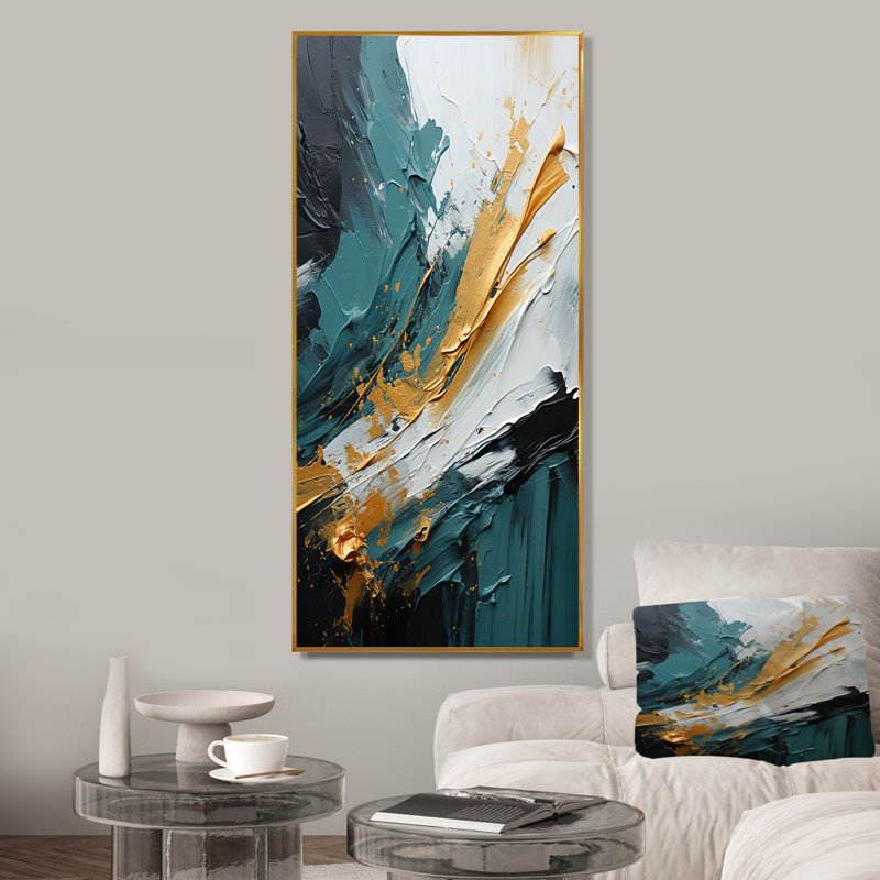 Or et vert cascade de marbre blanc VI - art mural abstrait, Cadre flottant doré, H 32 po x l 16 po