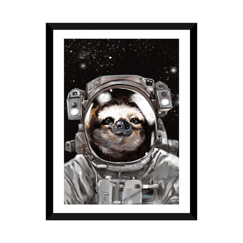 « astronaute sloth selfie », art, H 32 po x l 24 po x P 1 po, Papier avec cadre noir