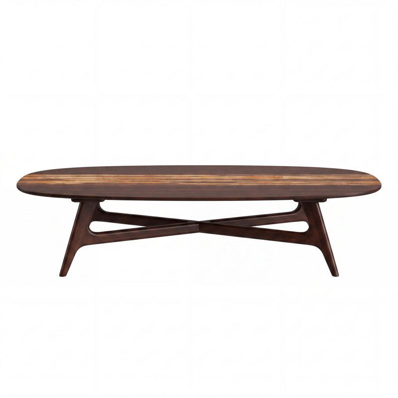 Table basse moderne du milieu du siècle en bois massif avec incrustation à rayures du Bengale - Sarah