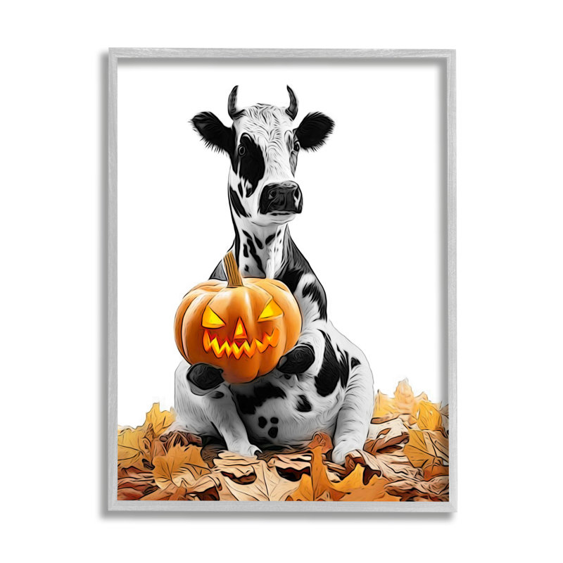«Cow with Jack-o-Lantern» par Annalisa Latella - reproduction de cadre flottant sur bois, H 30 po x l 24 po x P 1,5 po