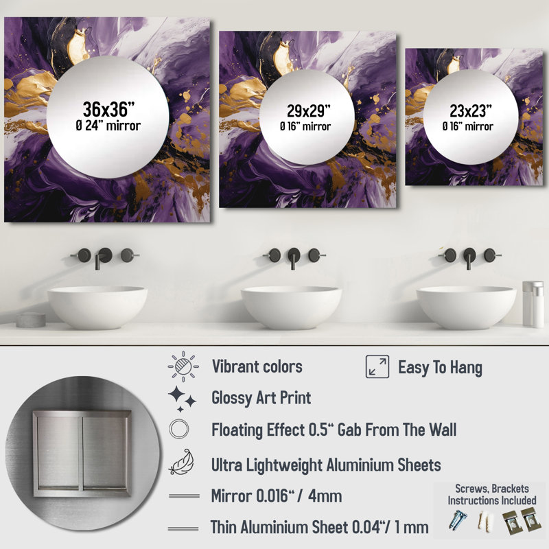 Mauve et or liquide Magic II - art mural abstrait miroir carré pour salle de bain, 36 po x 36 po