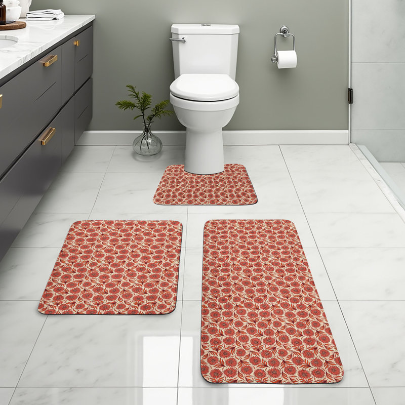  Ensemble de tapis de salle de bain Coral 3 pièces en U et tapis rectangulaires corail foncé vermillon