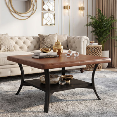 Table basse carrée 31,5 po pour salon, repose-pieds rembourré en cuir de polyuréthane avec tablette de rangement, grande table centrale pour appartement, chambre à coucher, brun whisky et noir
