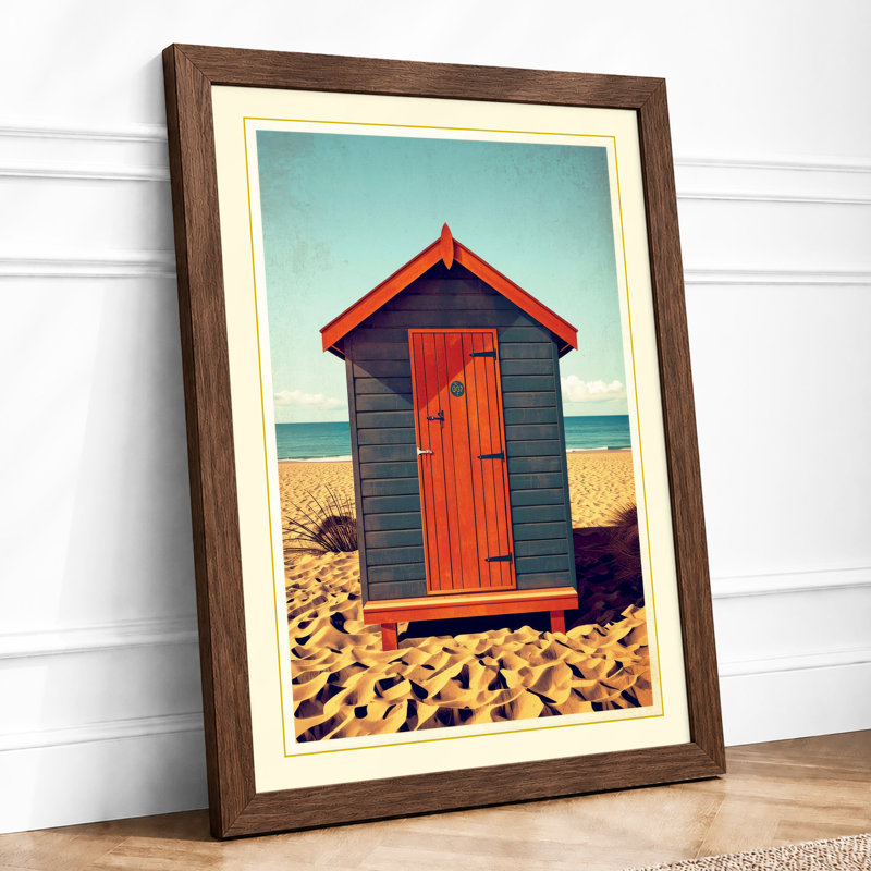 Beach Hut by the Sea Coastal - Framed Print, A2 - 59.4 x 42.0 cm, Walnut
