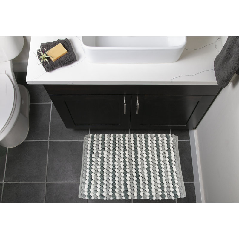 Gray and White Striped High Pile Cotton Bath Mat