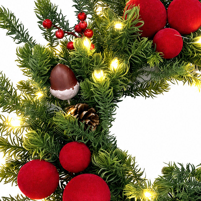 Couronne de Noël en sapin Nordmann pré-illuminée de 50 cm (20 pouces) avec boule rouge