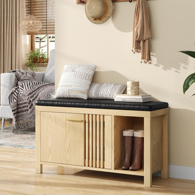 40" Shoe Storage Bench With Flip Drawers & Padded Seat Cushion, Open Compartments & Slatted Doors, Entryway Bench With Shoe Storage For Entryway, Hall