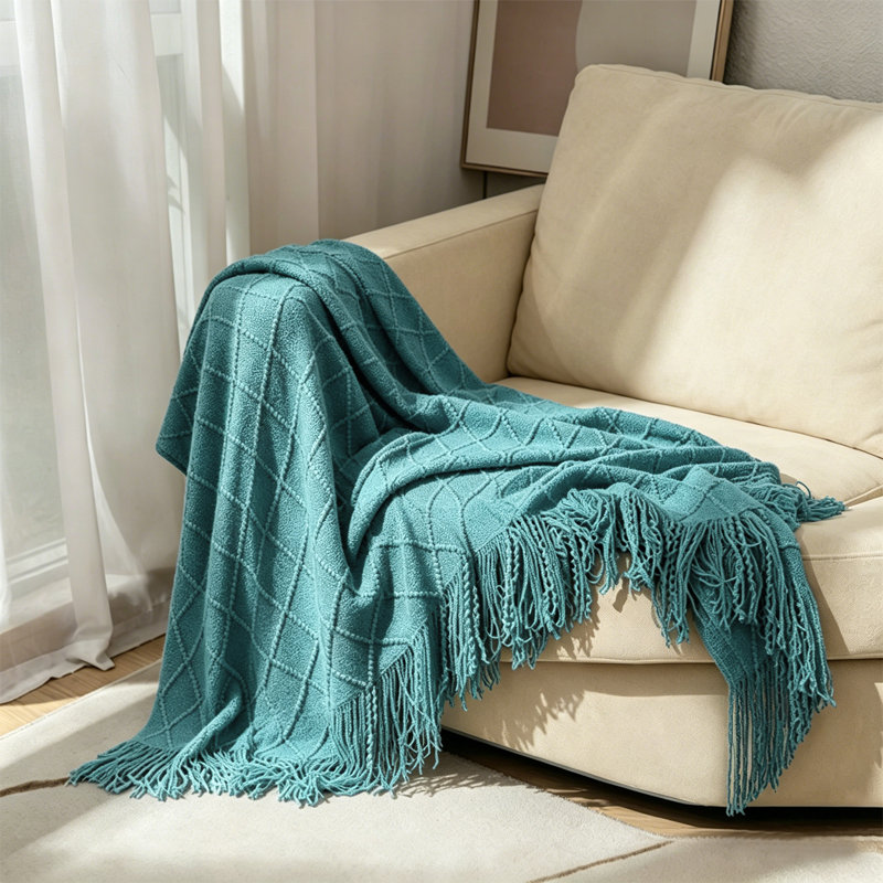Acrylic Tassel Throw Blanket., 127 x 152cm, Menthol Green