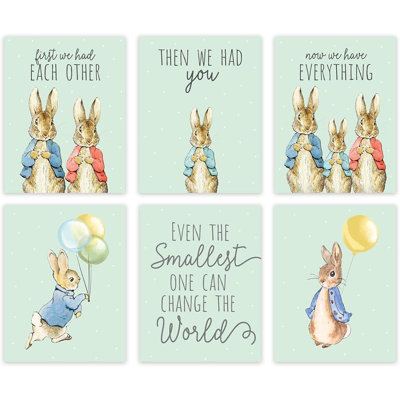 Peter Rabbit Theme Nursery Kids Bedroom Unframed Hanging Wall Art Poster Room Decor, 8.5x11-inch, Mint Green, First We Had Each Other Then You Now Everything, 6-Pack