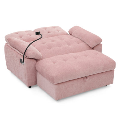 Adjustable Recliner With Storage Ottoman, Chenille Fabric Pink Double Sofa