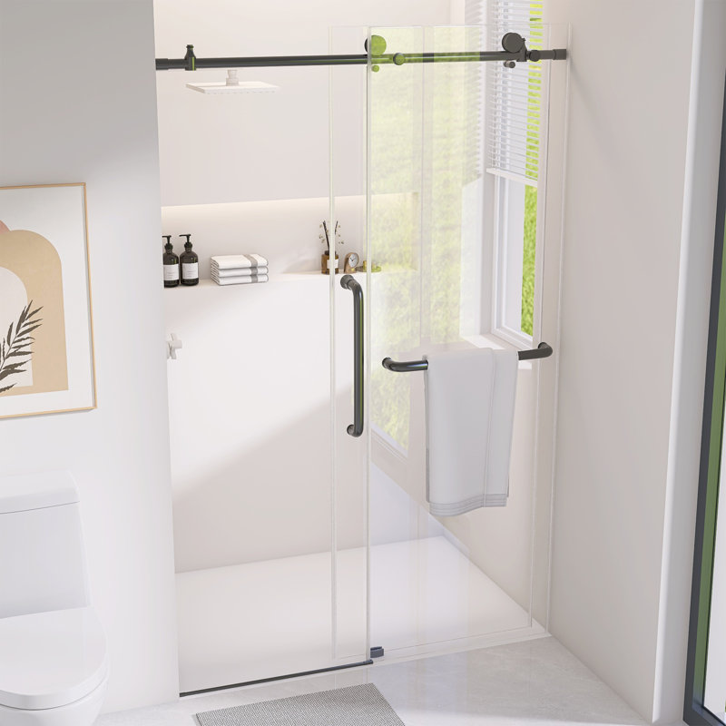 50 To 54 In. W X 75 In. H Frameless Single Sliding Shower Door In Matte Black Finish With 1/4 In. Clear Glass, Matte Black