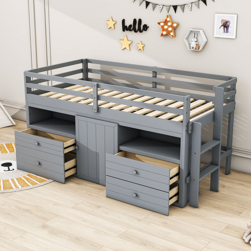 Jeani Kids Bed with Drawers and Shelves, Gray