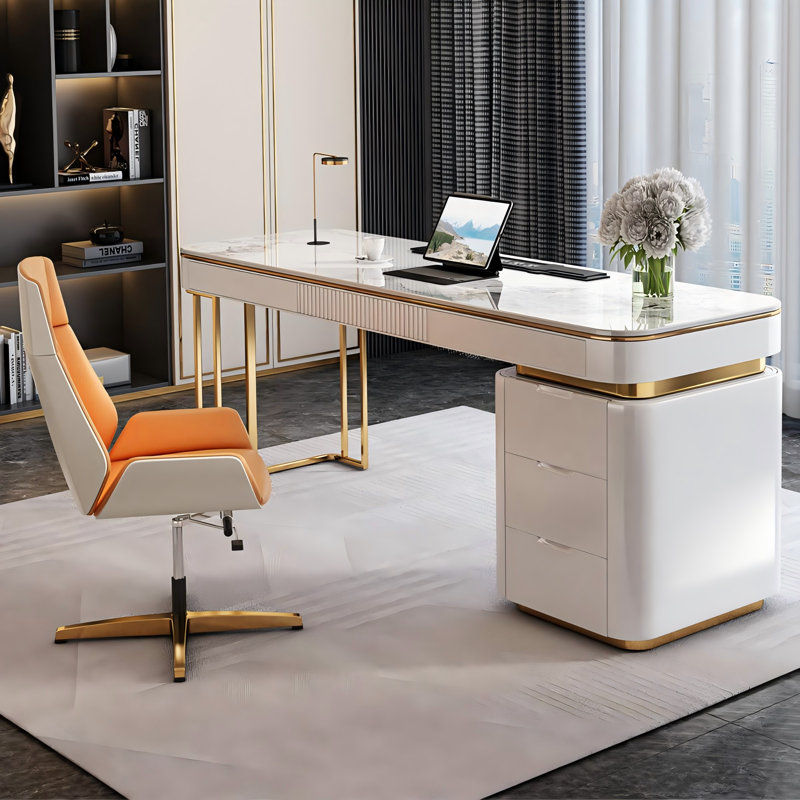 70.87"White Rectangular Sintered Stone Desktop Writing Desk,6-drawer, 29.53" H x 70.87" W x 27.56" D