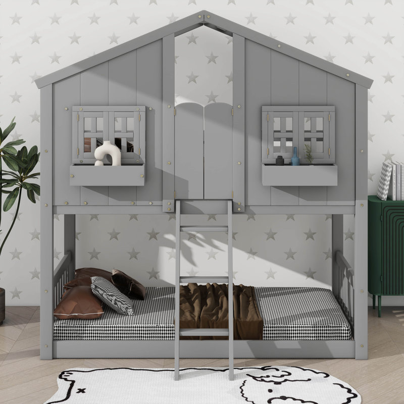 Twin-Over-Twin House-Themed Bunk Bed Complete With Roof, Window, Window Box, Door, Safety Rails, And Ladder, Gray