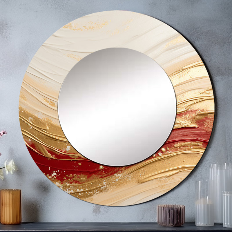 Or et rouge Soft Wave Fusion - miroir mural unique à formes abstraites, miroir rond doré, impression sur métal, 36 po x 36 po