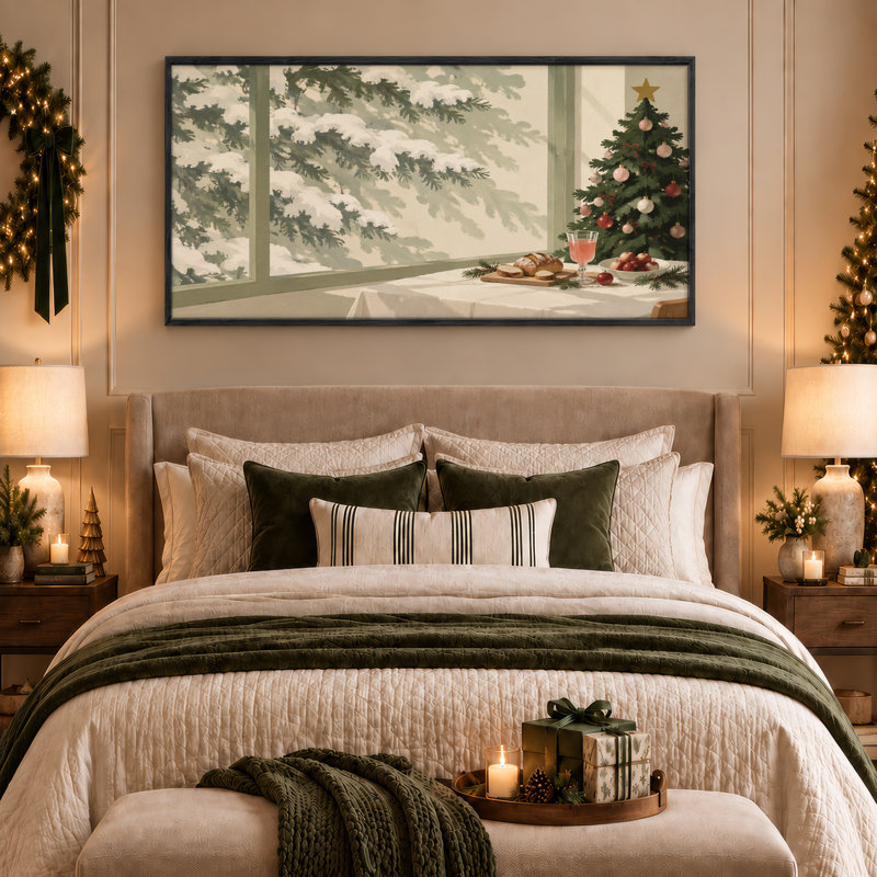 Snowy Pine Branches Outside Window With Tree And Christmas Canvas Wall Art, 40“W x 20”H