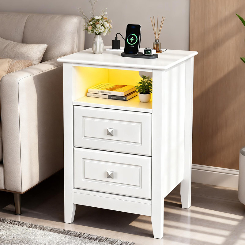15.75 Inch 2 Drawer Vredenburgh With Shelf Power Outlets And RGB LED Lights, White