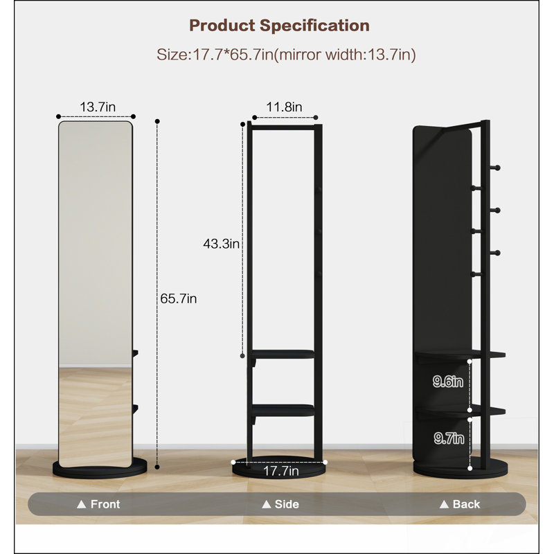 Full-Length Mirror with Integrated Hanger, Solid Wood and Glass, 65.7*17.7in, Ideal for Bedroom or Living Room, Black, Black