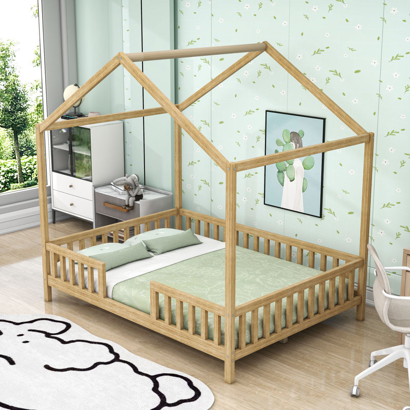 Lit de plancher avec auvent et balustrades, Naturel, Double