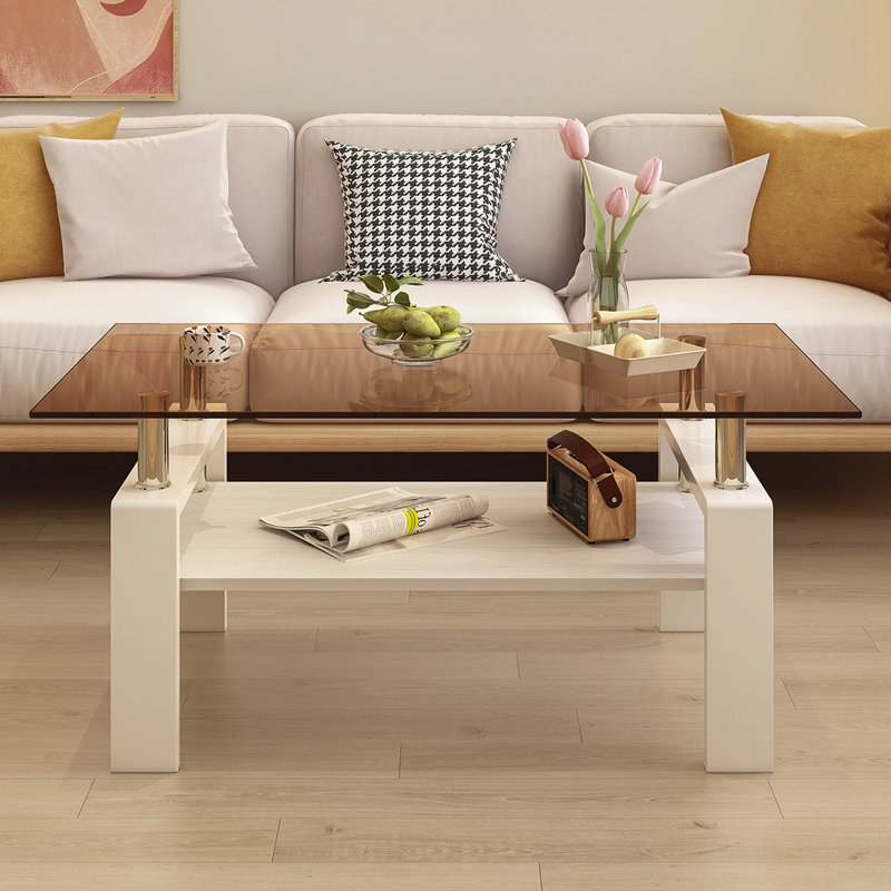 Table basse moderne moderne avec plateau en verre trempé et panneau de fibres à densité moyenne, parfaite pour les salons contemporains