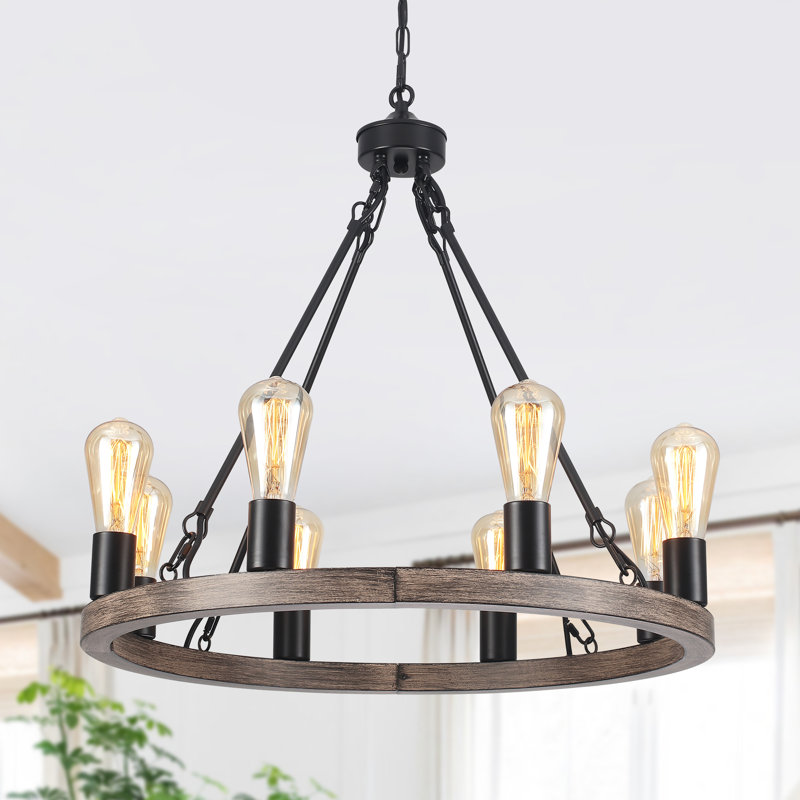 Myriane 8 - Light Brown/Black Wagon Wheel Chandelier, Modern Vintage Dining Room Chandelier for Living Room Foyer Entryway, Bedroom, Kitchen