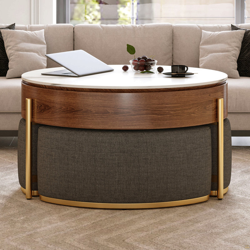 Table basse moderne à plateau relevable avec rangement caché, plateau en placage et en pierre frittée, 3 repose-pieds gigognes rembourrés, conception peu encombrante, entièrement assemblée