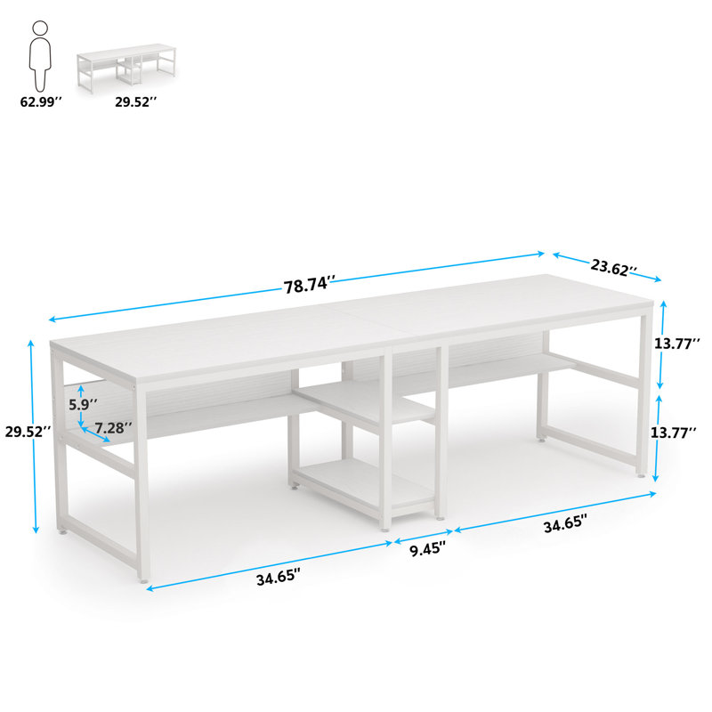 Bureau d'ordinateur 78,74 "pour deux personnes avec bibliothèque, long bureau double pour bureau personnel, Blanc