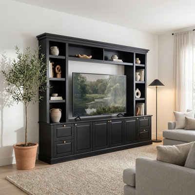 All-in-One Modern Entertainment Center with Bookcase and Adjustable Storage Shelves for Large Televisions and Living Room Organization