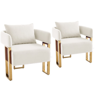 Fauteuil en velours blanc avec pieds carrés en métal doré, ensemble de 2 pour bureau et salon, design ergonomique pour un confort optimal, idéal pour le bureau, la réception ou la salle d'attente, rembourrage en mousse à haute résilience.