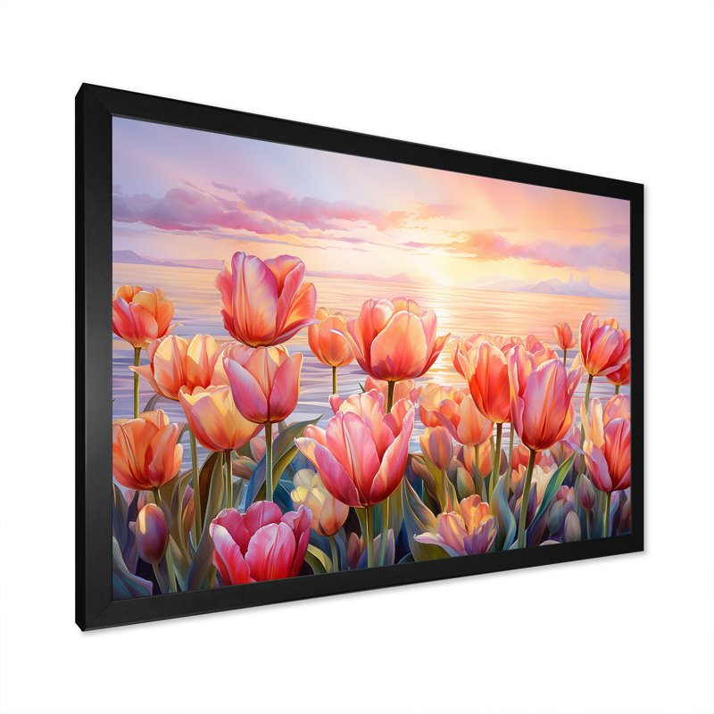 Tulipes coucher de soleil IV - Tulipes, art mural, Cadre simple noir, H 34 po x l 44 po x P 1,5 po